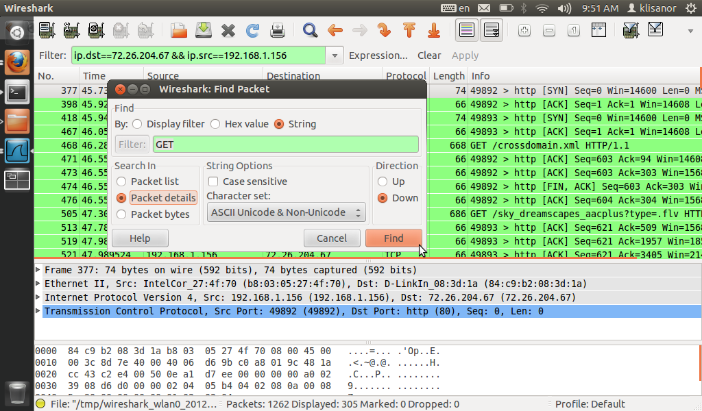 wireshark search for string in packets